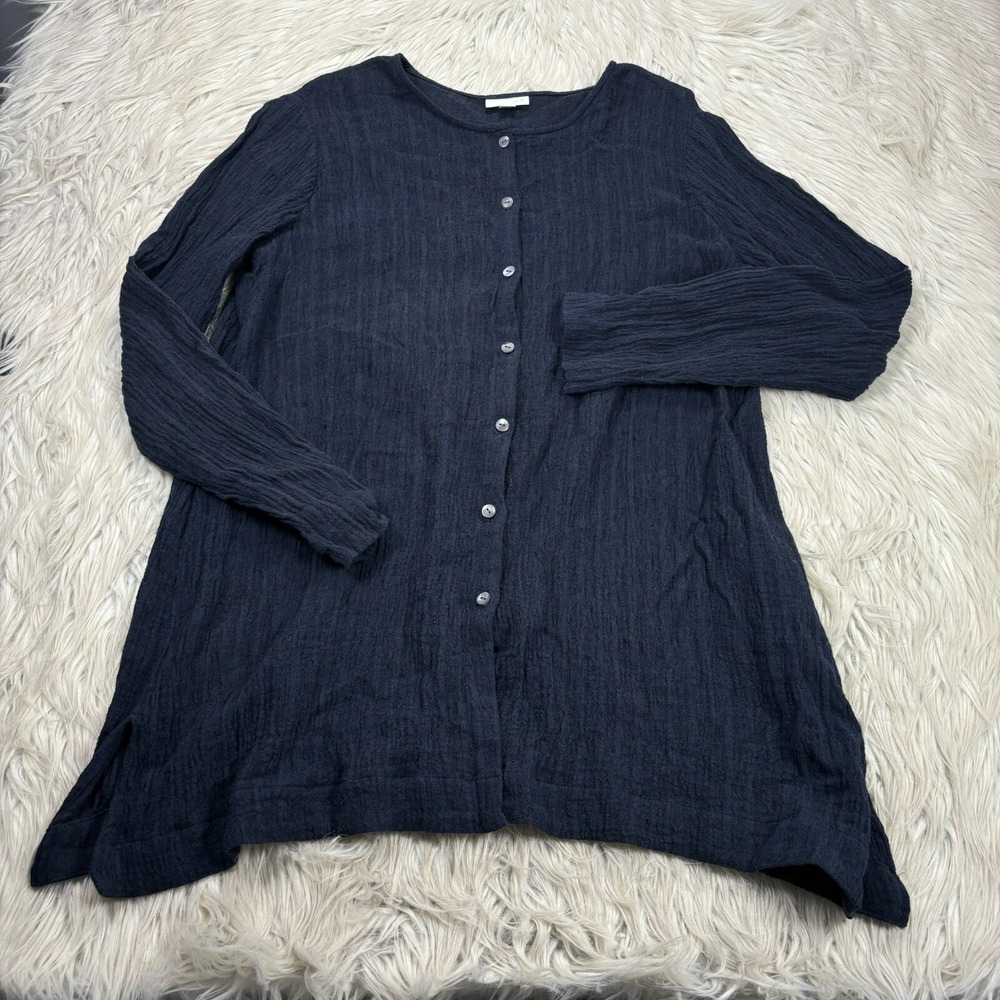 J. Jill Women's S Navy Textured Button Tunic Top Linen Crinkle Gauze Lagenlook